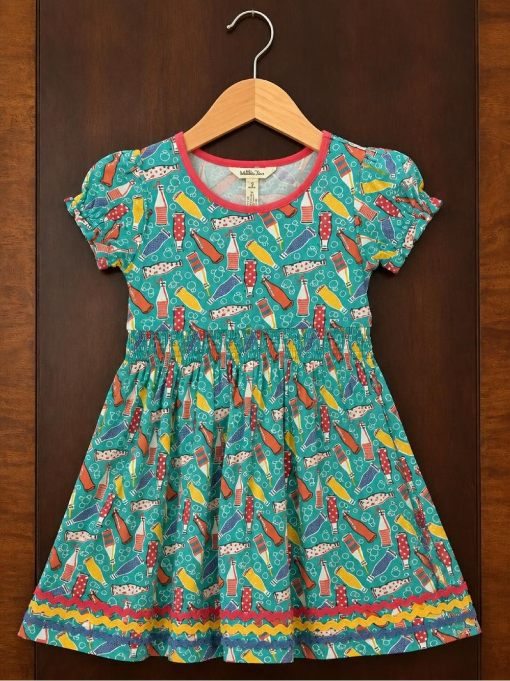 Matilda Jane Girls Dress Size 6 Soda Bottle Print Teal Ric Rac Cotton Boutique